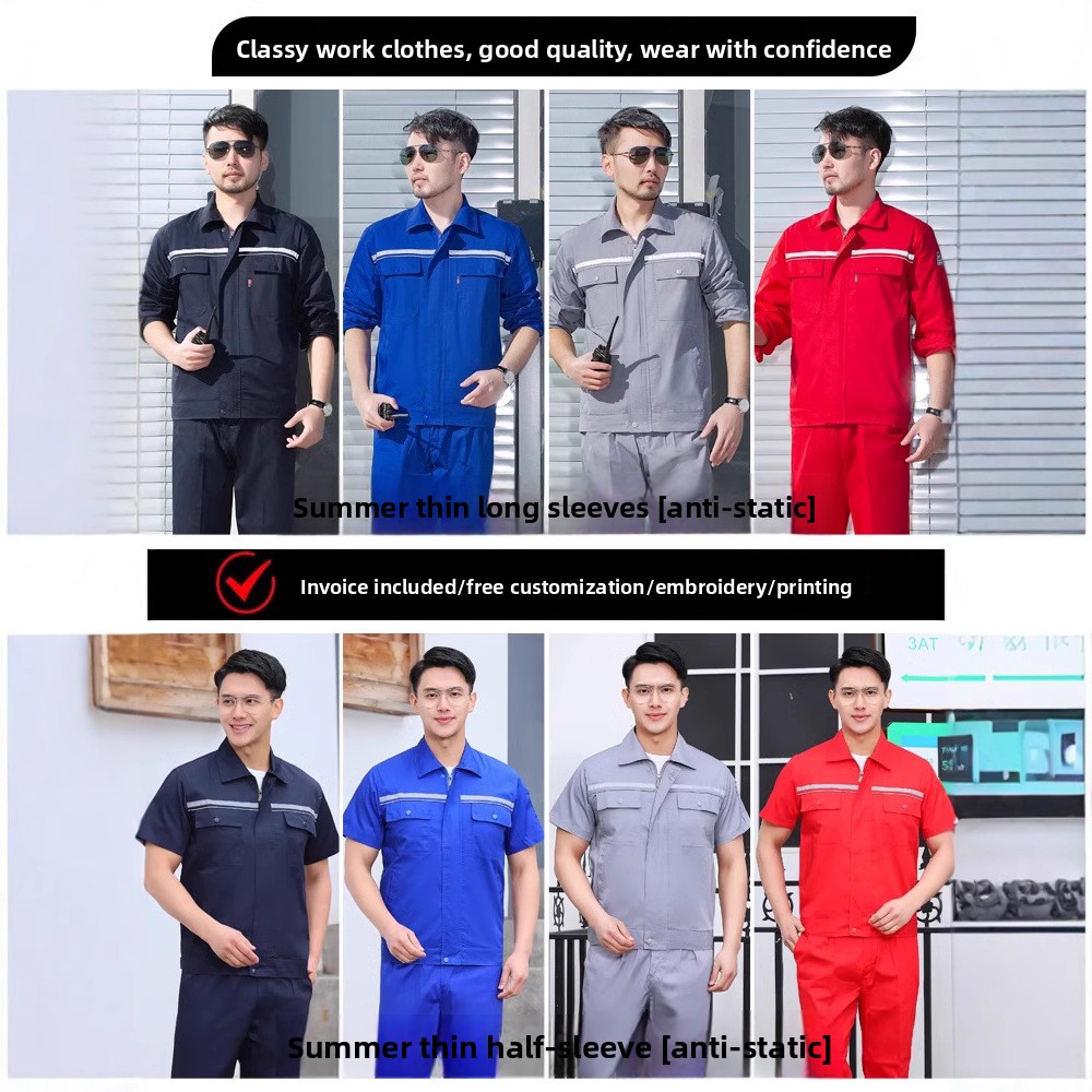 Anti-static Polyester Men's Scrub Uniform Short-sleeved Work Suit for Gas Station &amp; Petrochemical Oil Plant Summer Thin Tooling