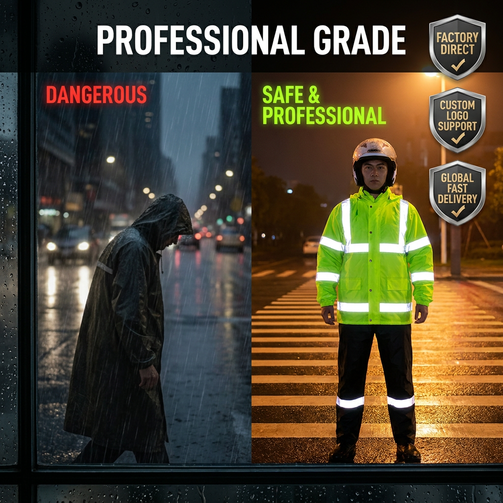 High-Visibility Waterproof Long Raincoat Reflective Safety Rainwear For Riding Construction Work Hooded Rain Jacket Wholesale