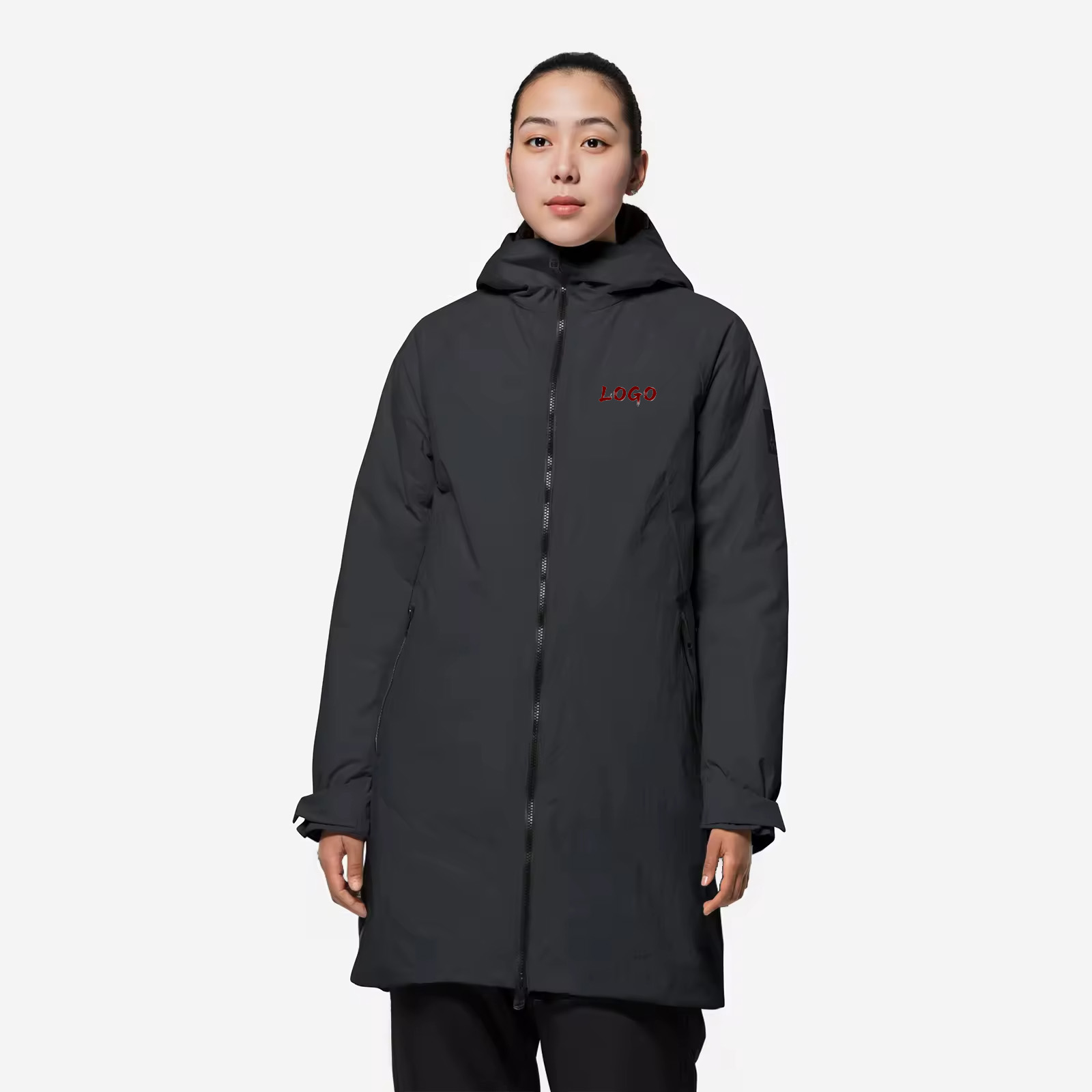 Custom Full Embossed Rubber Waterproof Windproof Cold Casual Outdoor Sports Medium-length Down Jacket Women Parka Coat