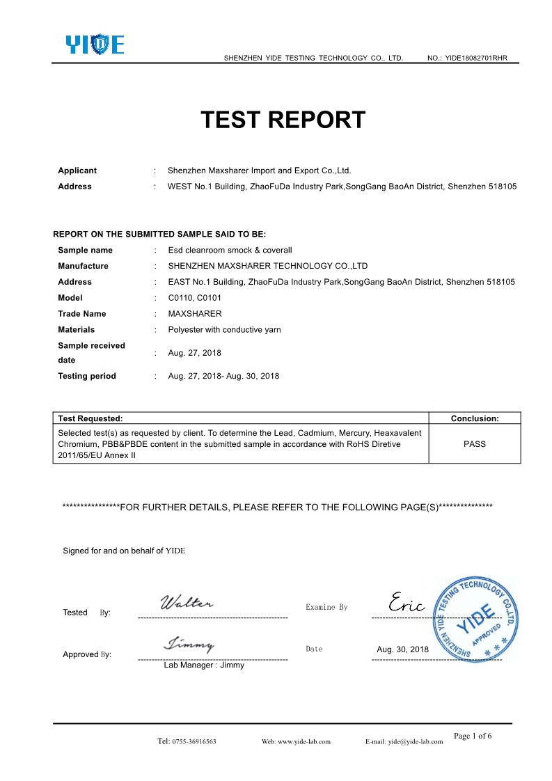 CE Test Report Lab Coat Quality