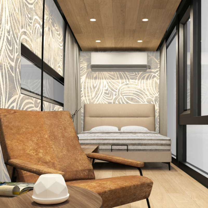 Compact Modular Hotel Unit with Bedroom Balconies and Efficient Lighting Design