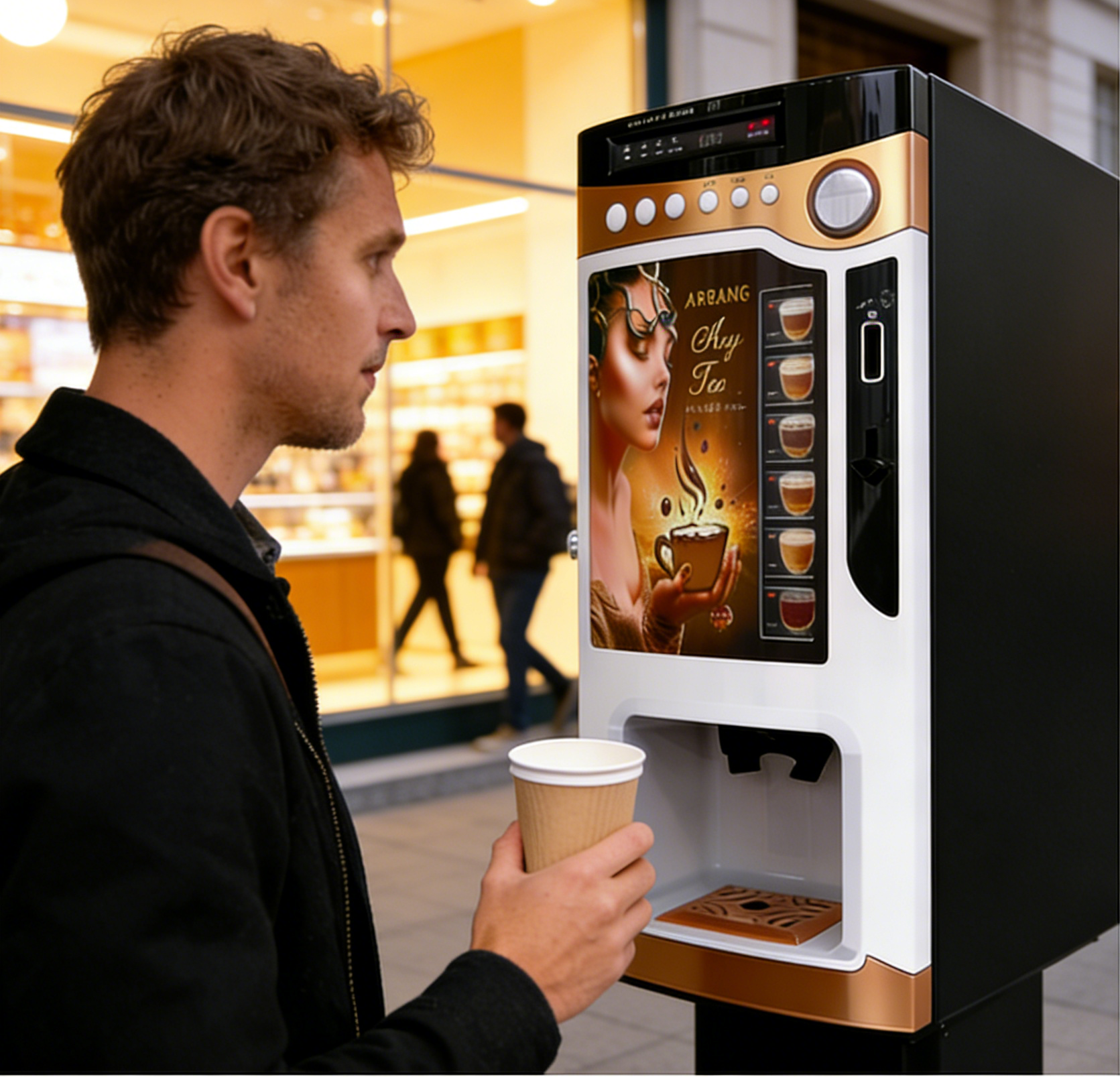 Compact Commercial Coffee Maker: Powder Dispenser with Player for Ads & Coin Mechanism With Cup Dispenser