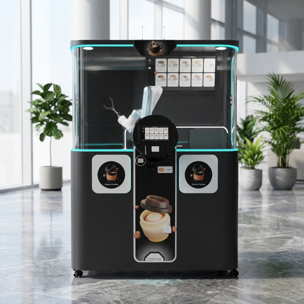 Robotic Arm 24H Coffee Barista Latte Print Automatic Coffee Vending Machine SDK Enabled Touchscreen LED Display Custom Graphics