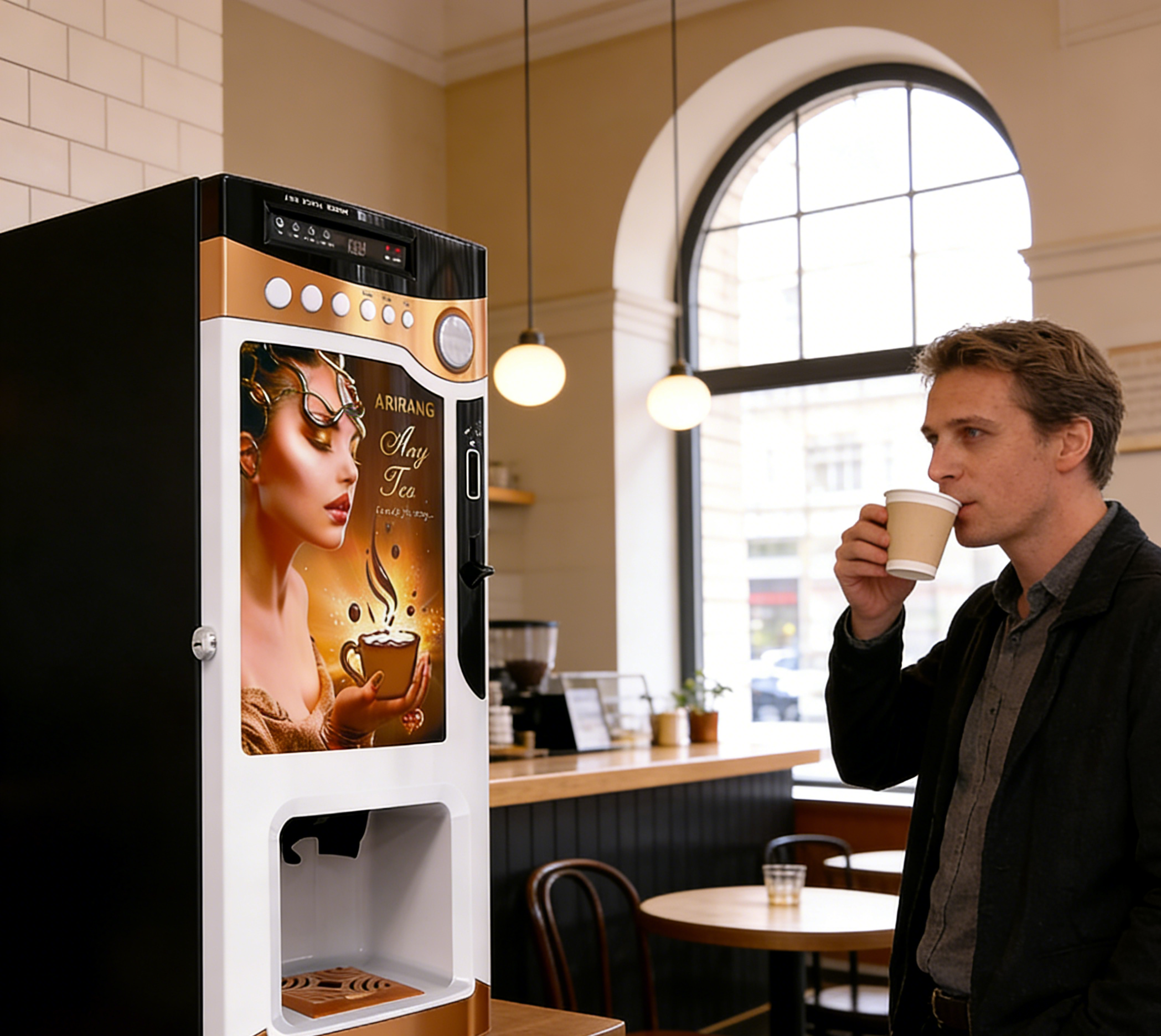 Compact Commercial Coffee Maker: Powder Dispenser with Player for Ads & Coin Mechanism With Cup Dispenser