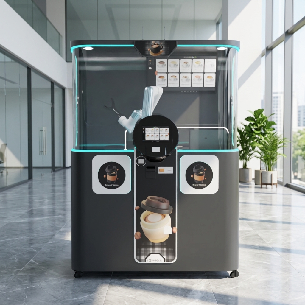 Robotic Arm 24H Coffee Barista Latte Print Automatic Coffee Vending Machine SDK Enabled Touchscreen LED Display Custom Graphics