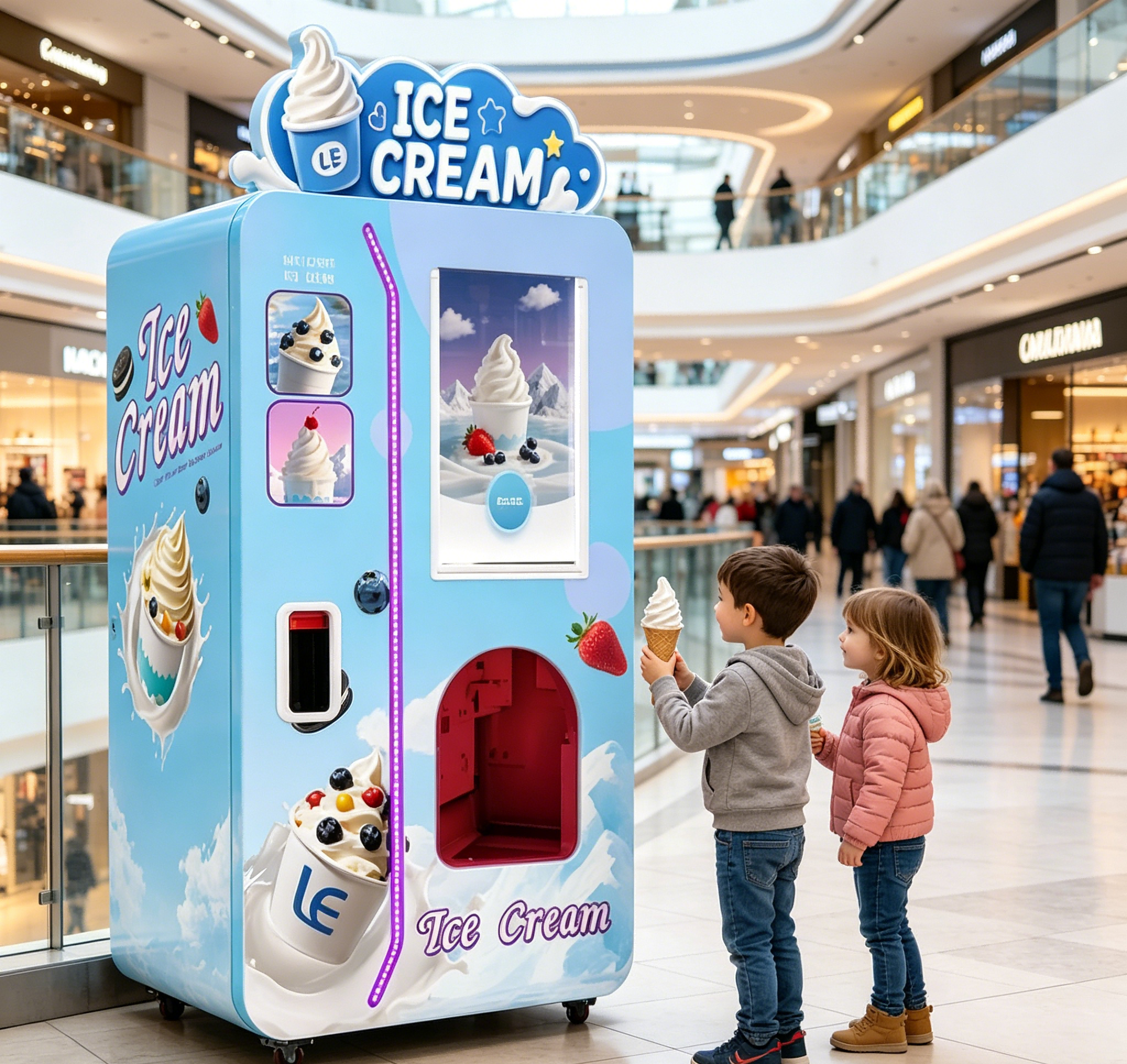 Commercial 24-Hour Ice Cream Vendor  Air-Cooled 1 Base Flavor + Dual Topping System for Retail Hubs