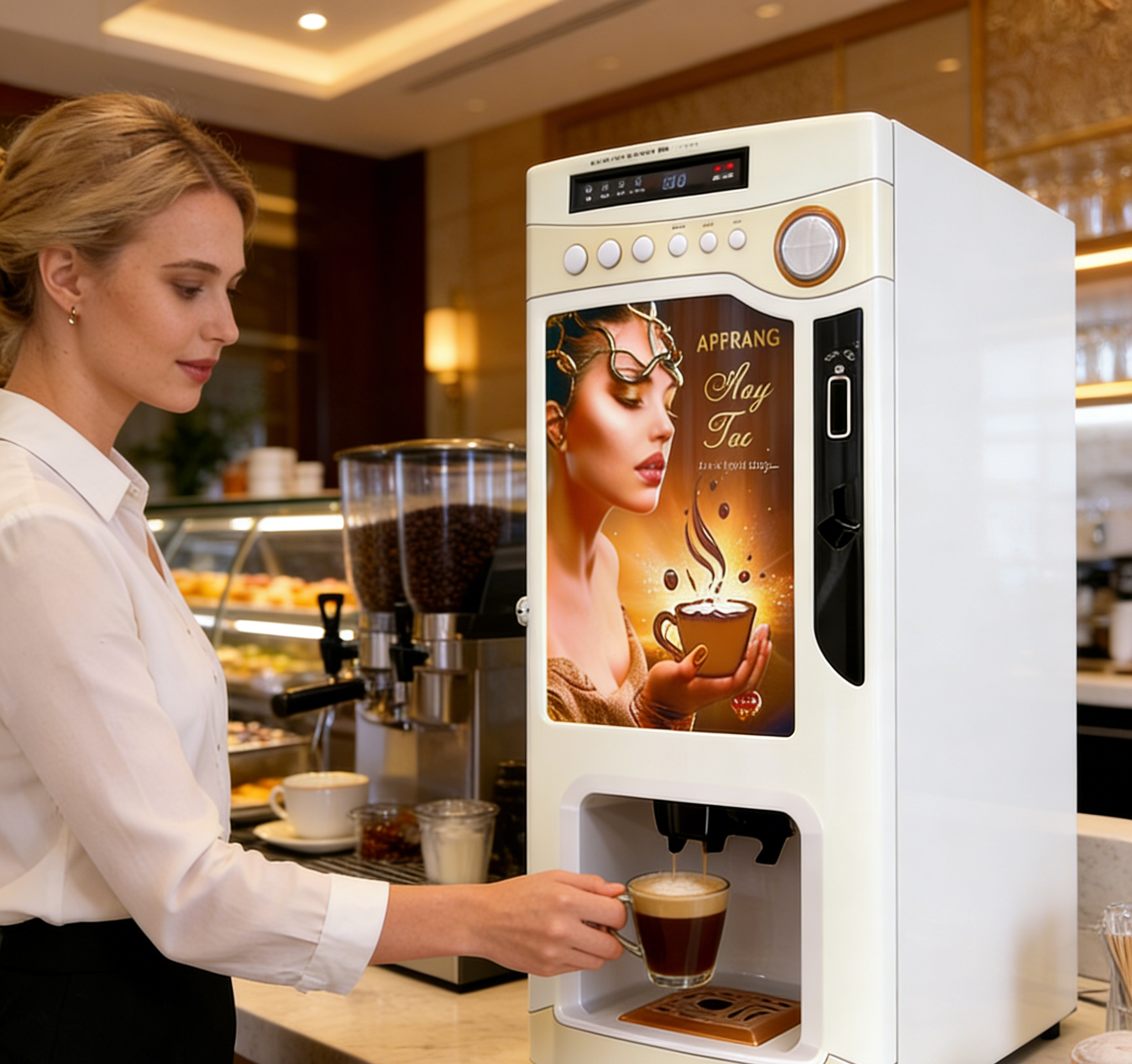Compact Commercial Coffee Maker: Powder Dispenser with Player for Ads & Coin Mechanism With Cup Dispenser