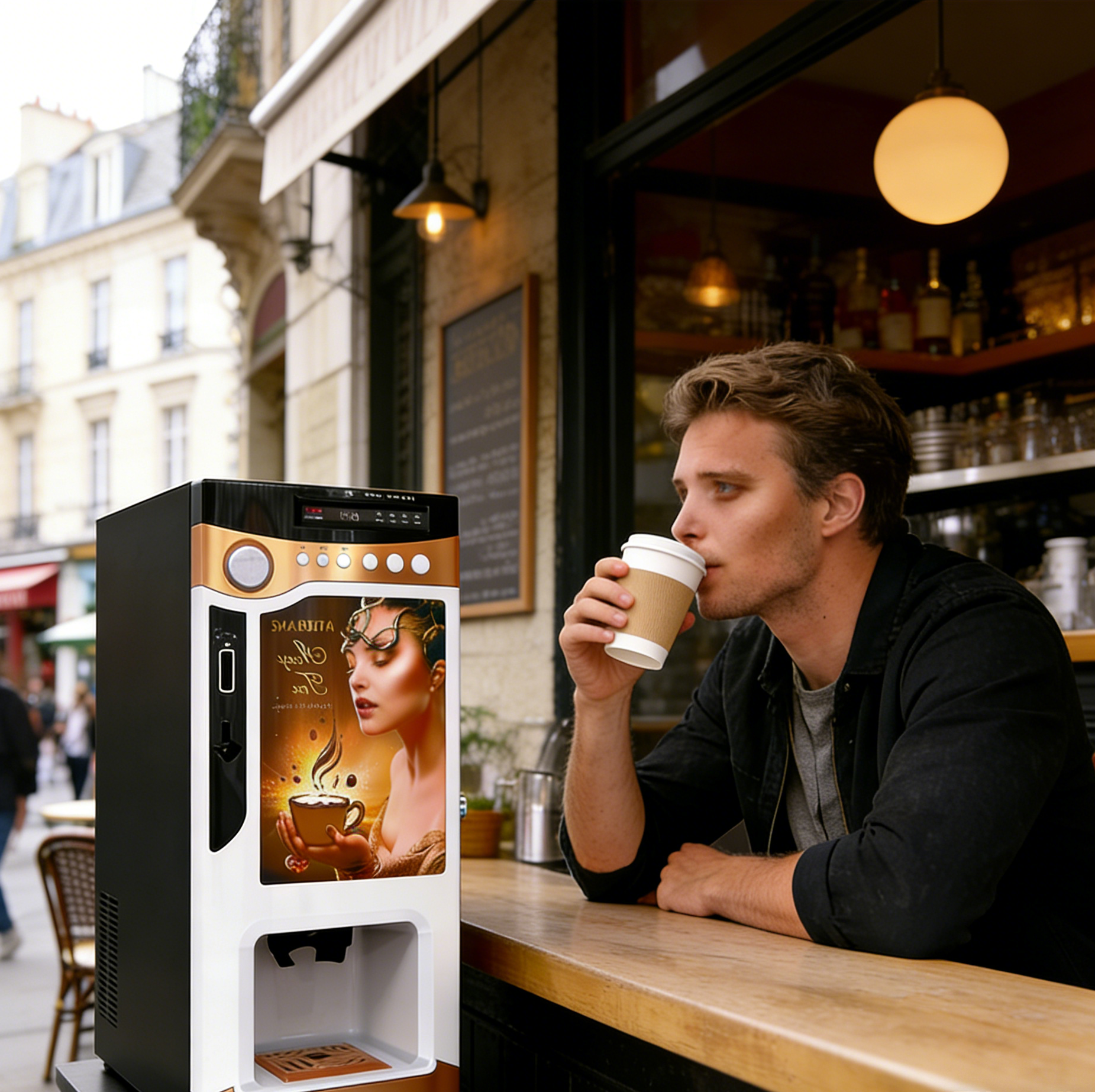 Compact Tabletop Coffee Vending Machine: 3-Button Instant Drinks (Coffee, Tea, Milk) with Cup Dispenser