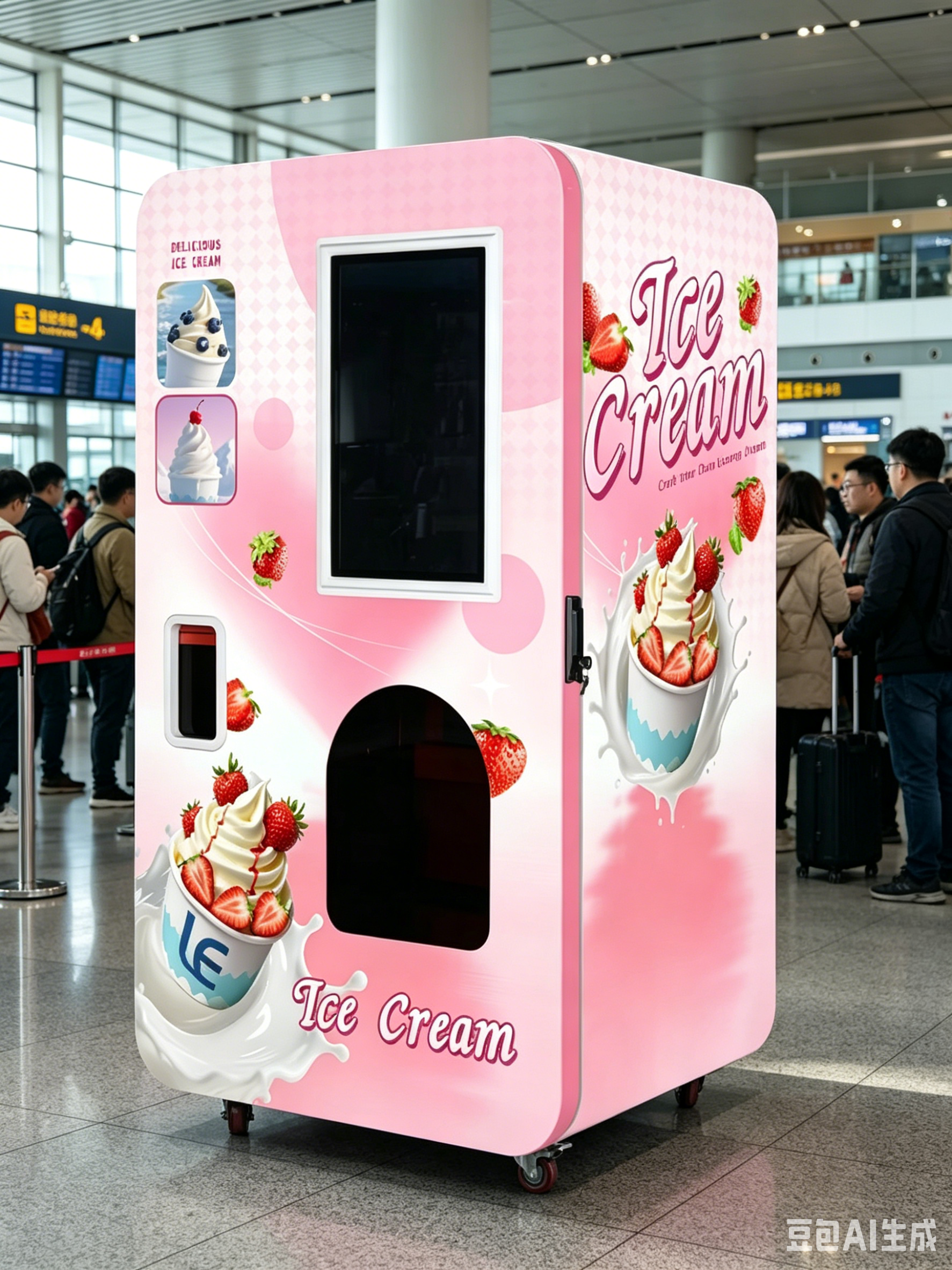 24/7 Air-Cooled Soft Serve Ice Cream Kiosk  1 Flavor with 3 Solid & 3 Liquid Toppings for Busy Locations
