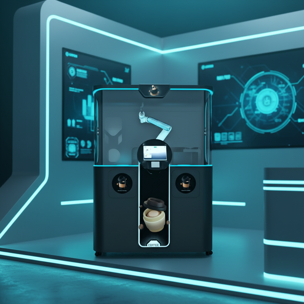 Smart Coffee Vending Machine With Robotic Arm and DIY Photo Print Hot and Ice Cube Fresh Milk