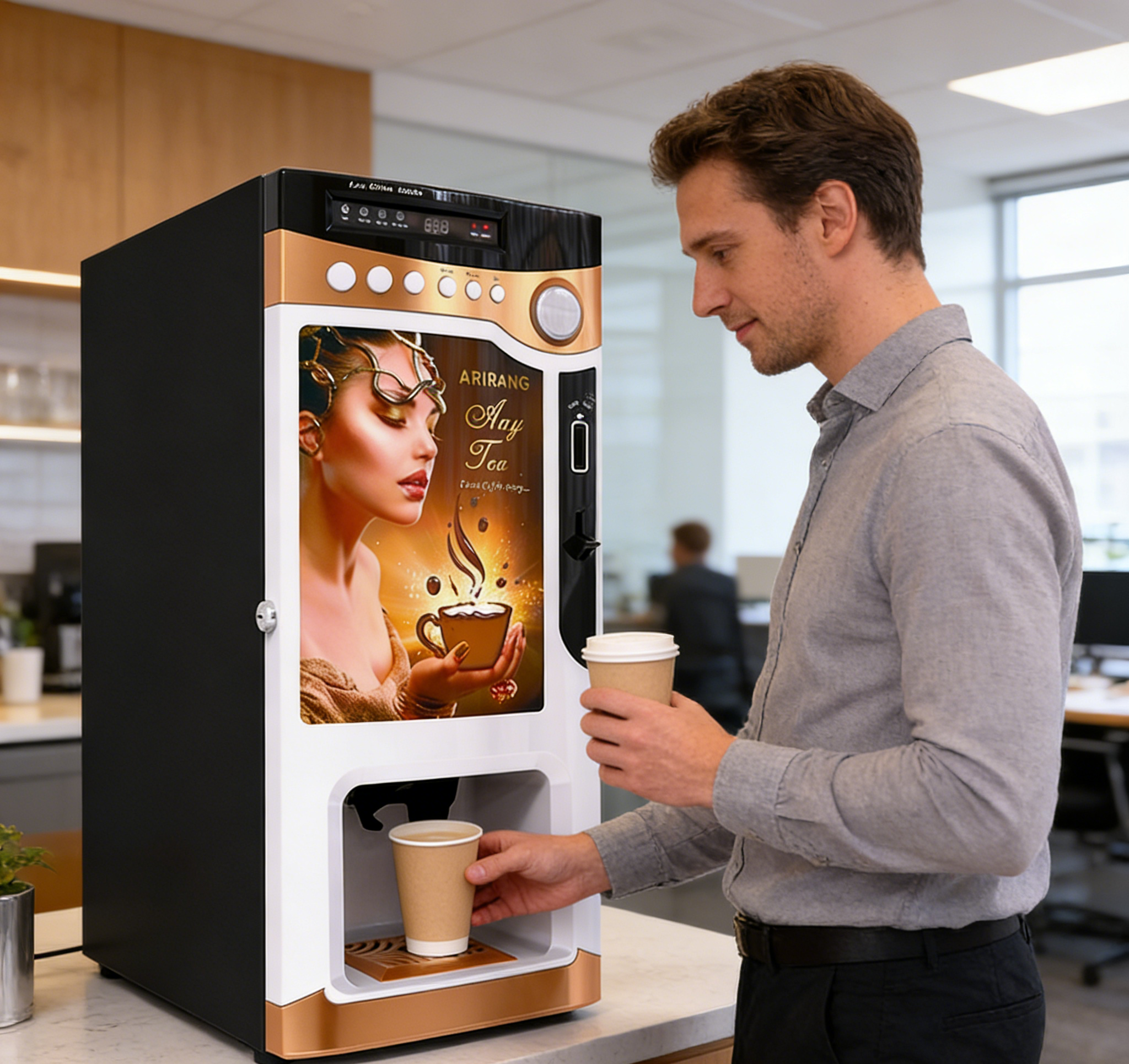 Commercial Coffee Machine - Instant Powder Brewer with Coin Operated System cup dispenser