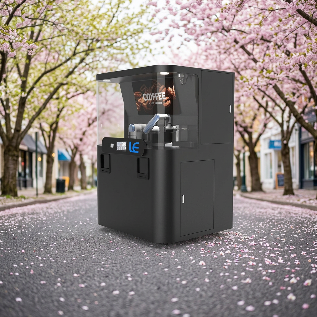 LE920A Robotic Arm Coffee Vending Machine with 2 Coffee Bean Hoppers 2 Canisters 20L Fresh Milk Keeper
