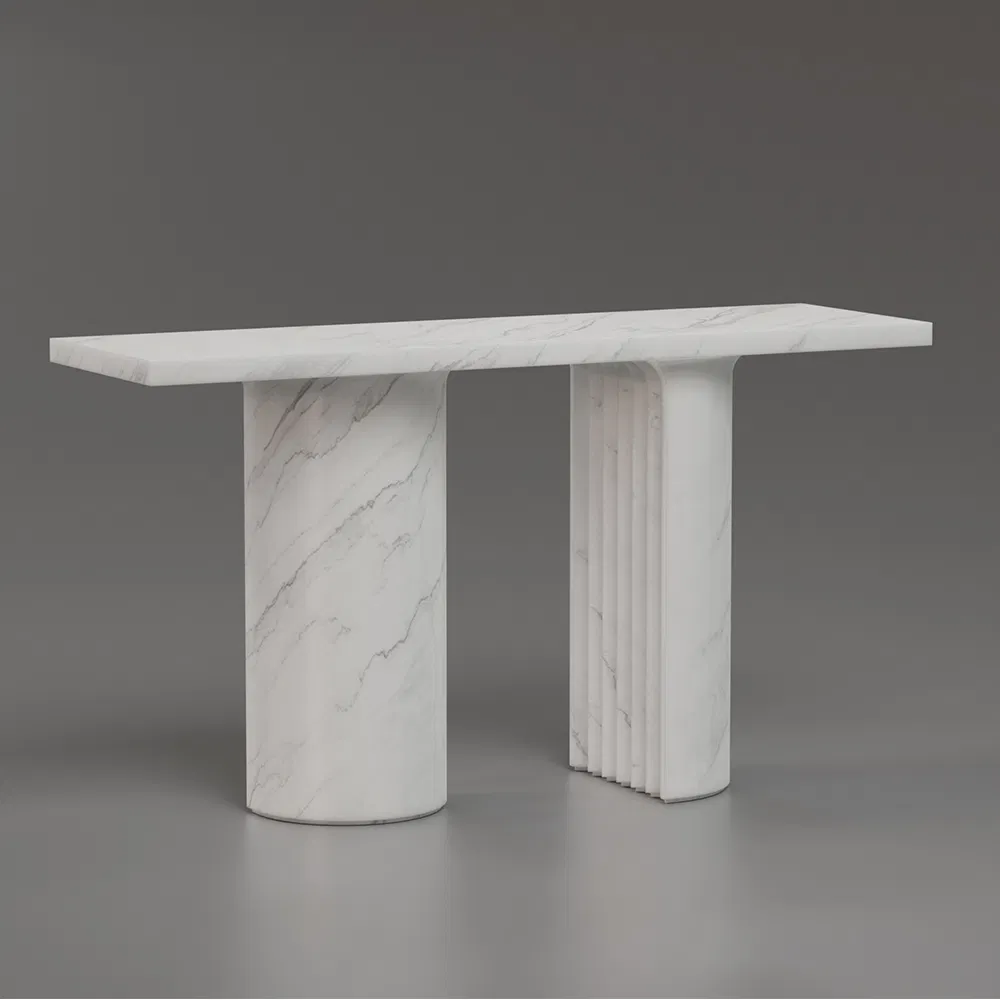 Calacatta Marble Console Table Fluted Column Base &amp; Round Leg Luxury Entryway Table
