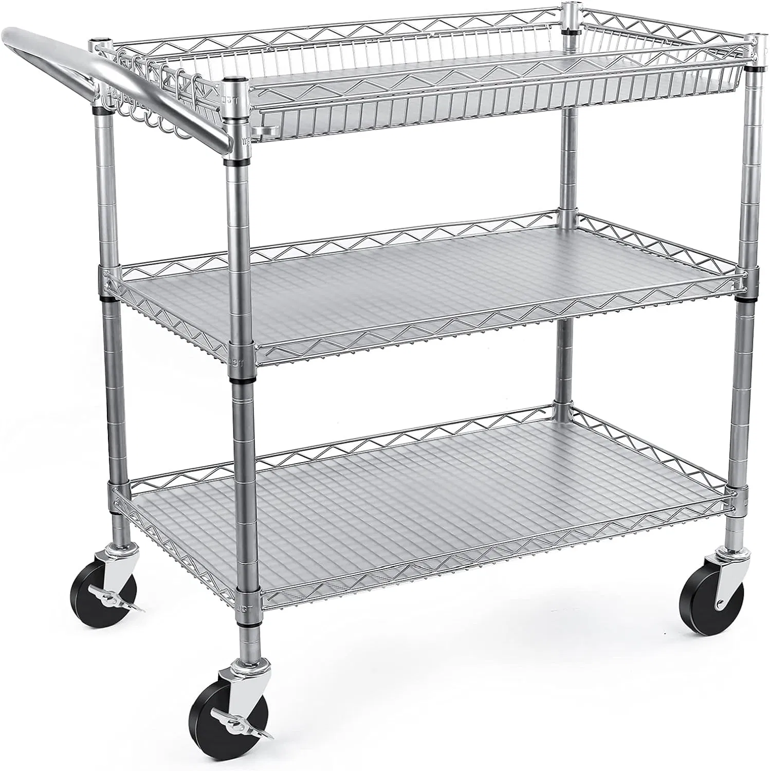 Tier Utility Cart, 990lbs Capacity Wire Rolling Cart with Wheels, Commercial Grade Service Cart with Shelving Liners and Handle Bar Metal Carts for Kitchen