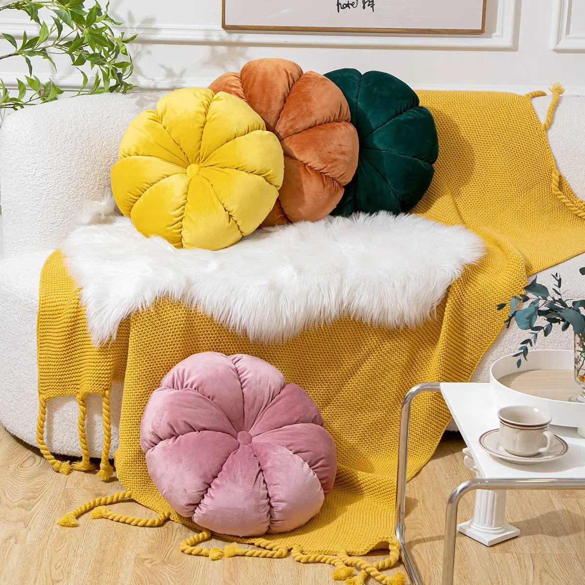 Alapaste Round Pumpkin Throw Pillow, Velvet Pleated Cushion, Seat Cushions Floor Pillow Cushion for Sofa Chair Home Decorative