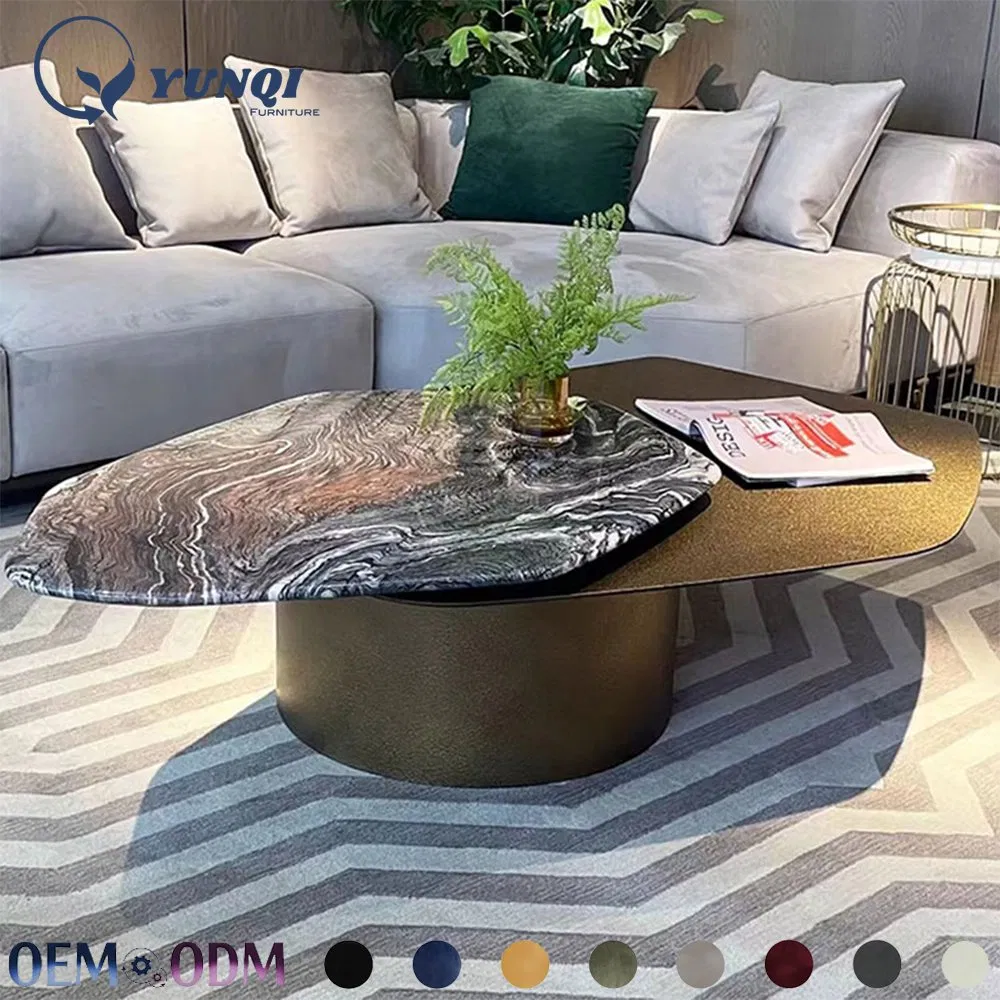 High-End Italian Coffee Table Purple Mountain Natural Luxury Stone Yellow Brass Villa Living Room Irregular Coffee Table