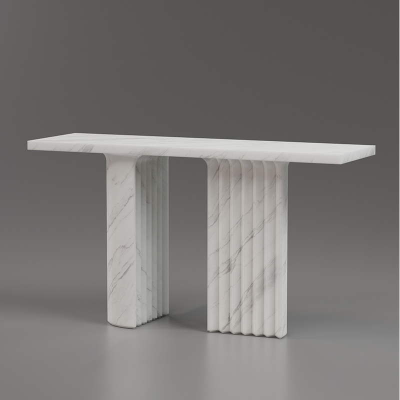 Calacatta Marble Console Table Fluted Column Base &amp; Round Leg Luxury Entryway Table