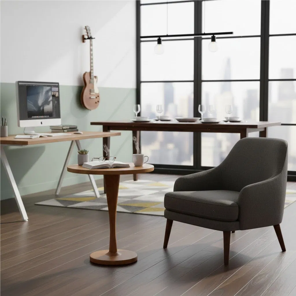 Sculpted Teak Round End Table, Swirl Pedestal Leg for Living Room Decor