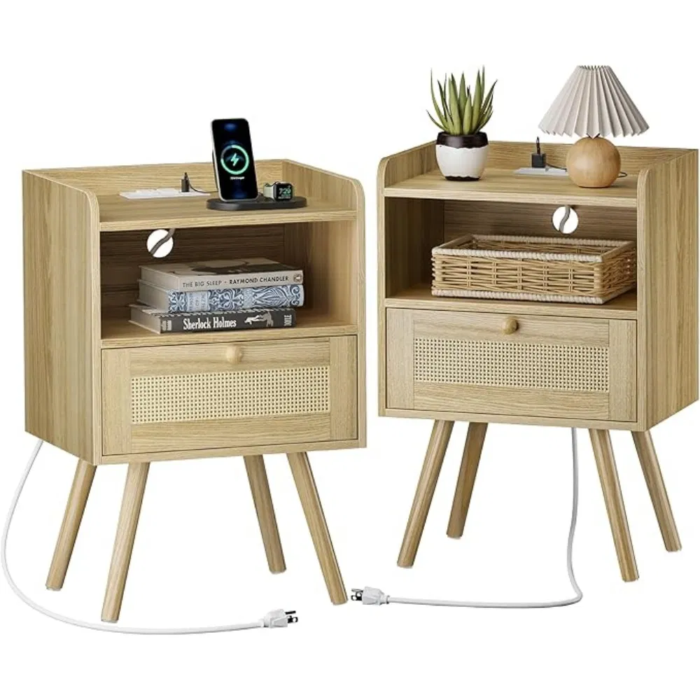 Wooden Custom Night Stands With1drawer, USB Modern End Table for Bedroom