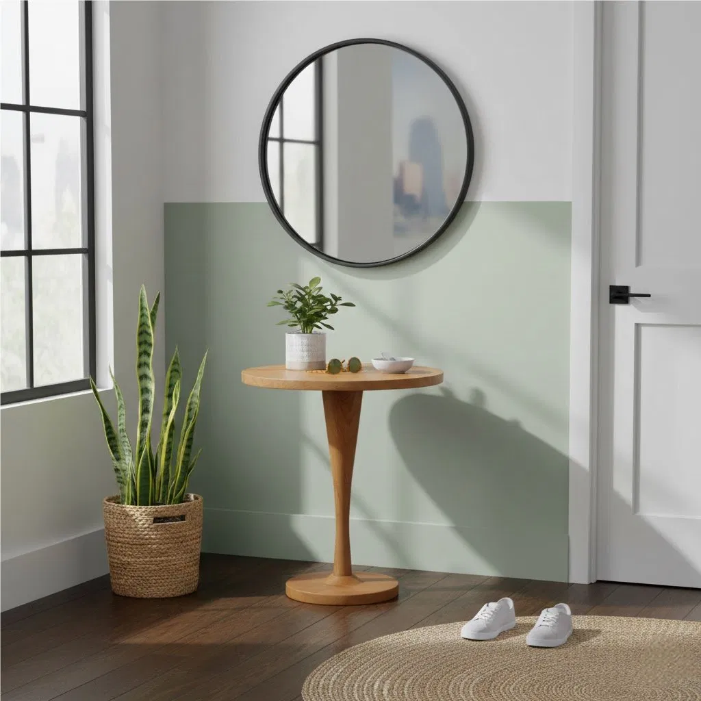 Sculpted Teak Round End Table, Swirl Pedestal Leg for Living Room Decor