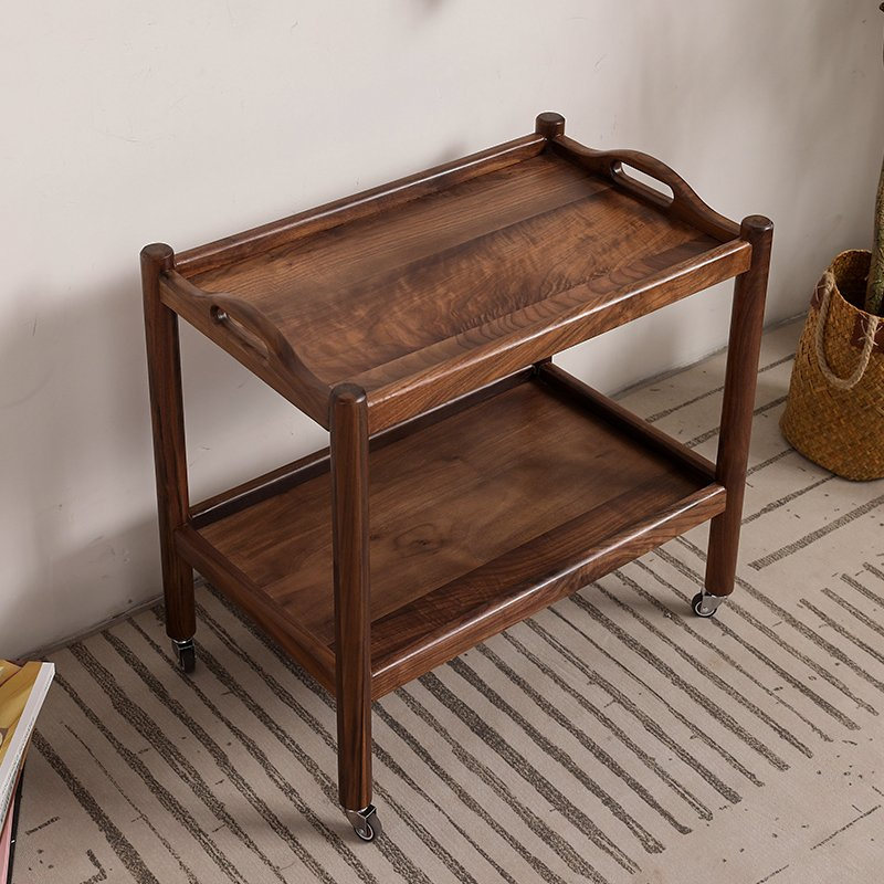 China Manufacturer Solid Walnut 2 Tiers Kitchen Island Trolley Cart with Storage, Rolling Side Table on Wheels for Kitchen, Dining Room, Living Room, Bar