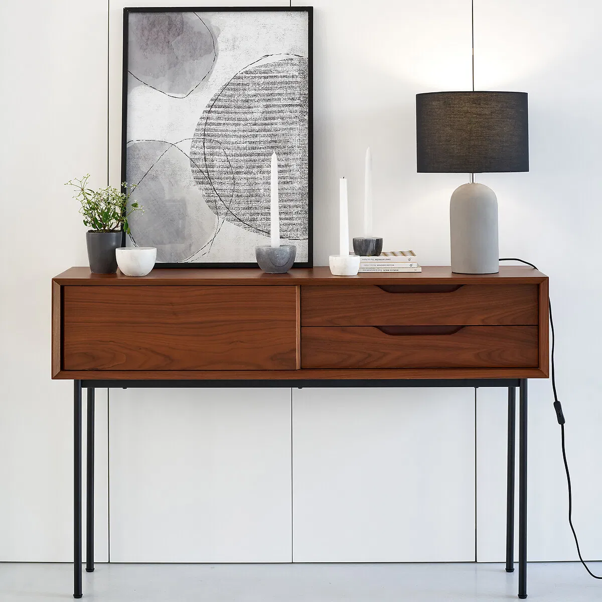 MID-Century Modern Solid Wood Console Table Entryway Storage Table with Drawers and Metal Legs