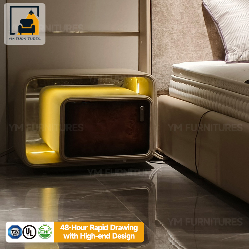 Hotel Home Walnut Sideboard Eco-Friendly Light Strip Nightstand Bedroom Furniture with Storage