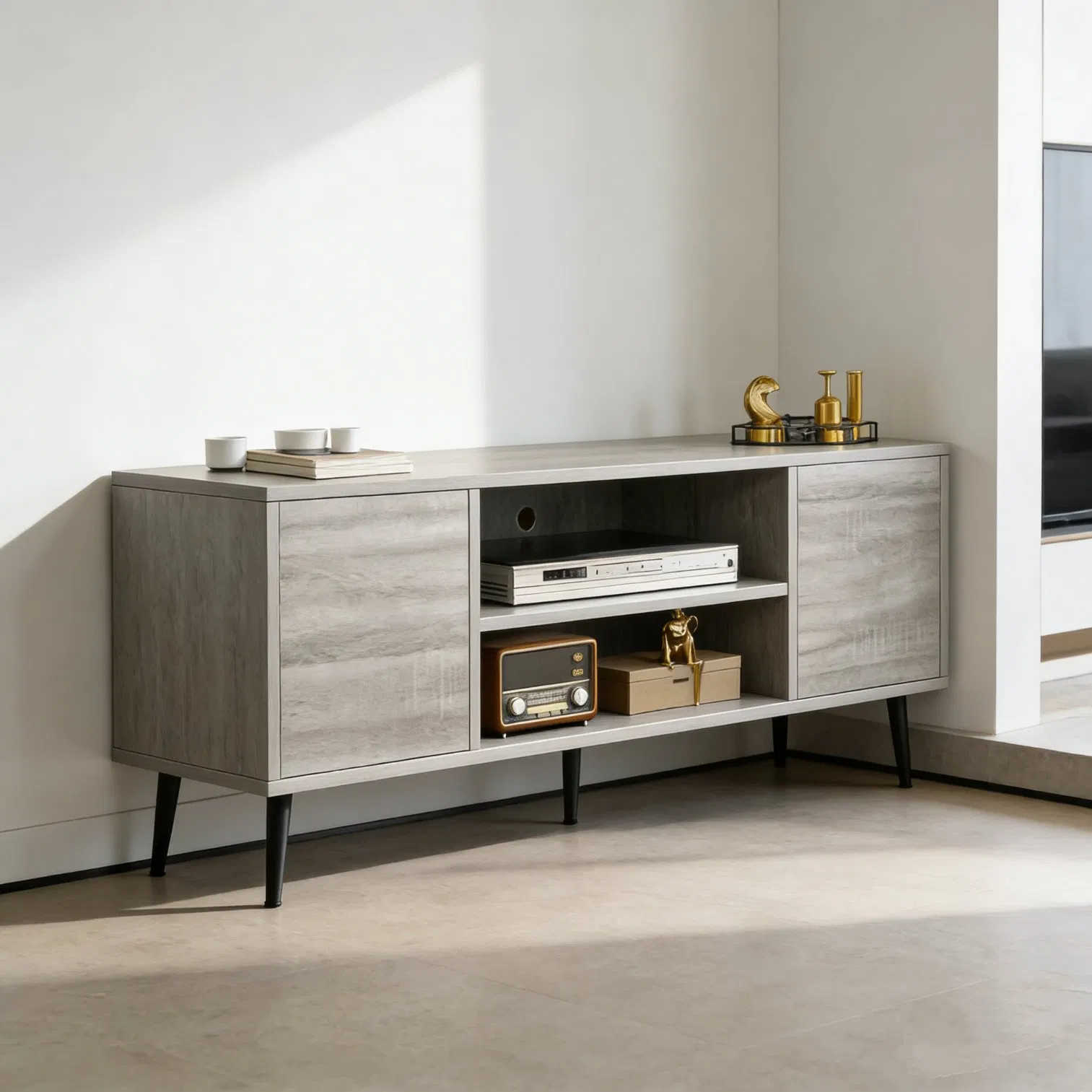 Stylish Modern Furniture Solid Wood Leg Durable Poplar TV Stand for Living Room Bedroom Hotel Storage