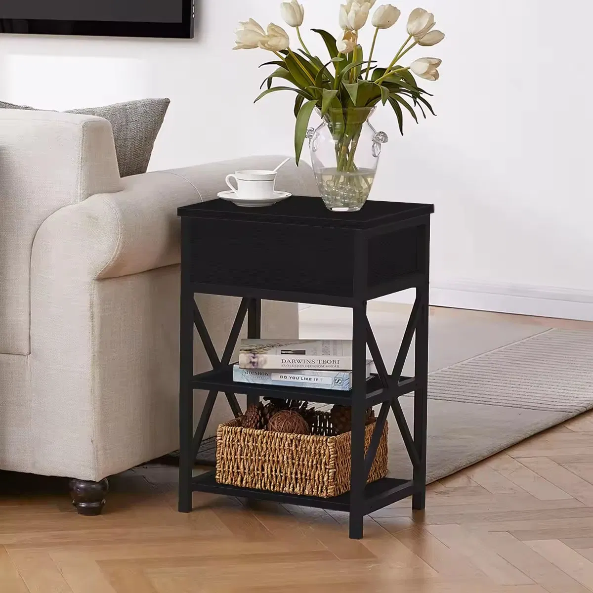 Modern Narrow Nightstand with Storage Shelf and Drawer - Bedroom Furniture