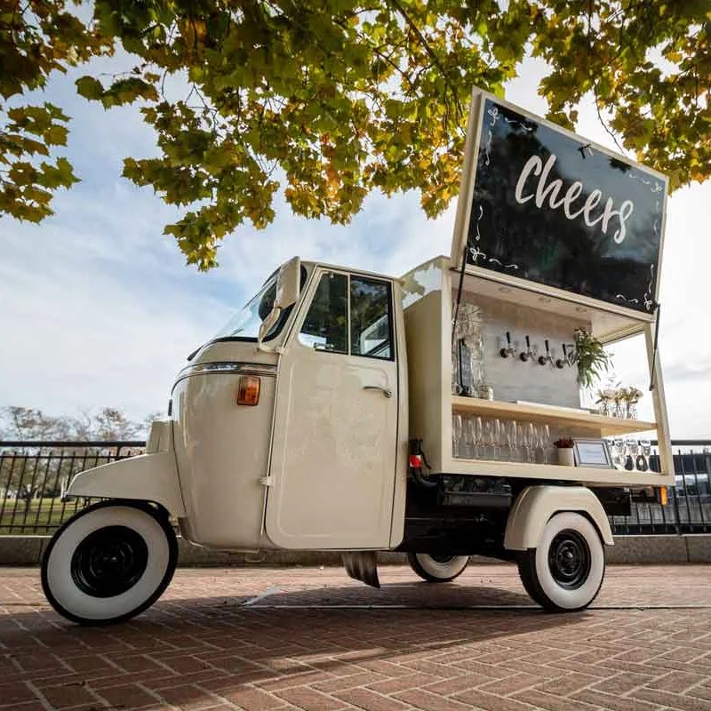 Vintage Piaggio Ape Bar Food Truck Mobile Batch Craft Cocktails Outdoor Snack Drink Cart for Cold Brew Coffee and Non-Alcoholic