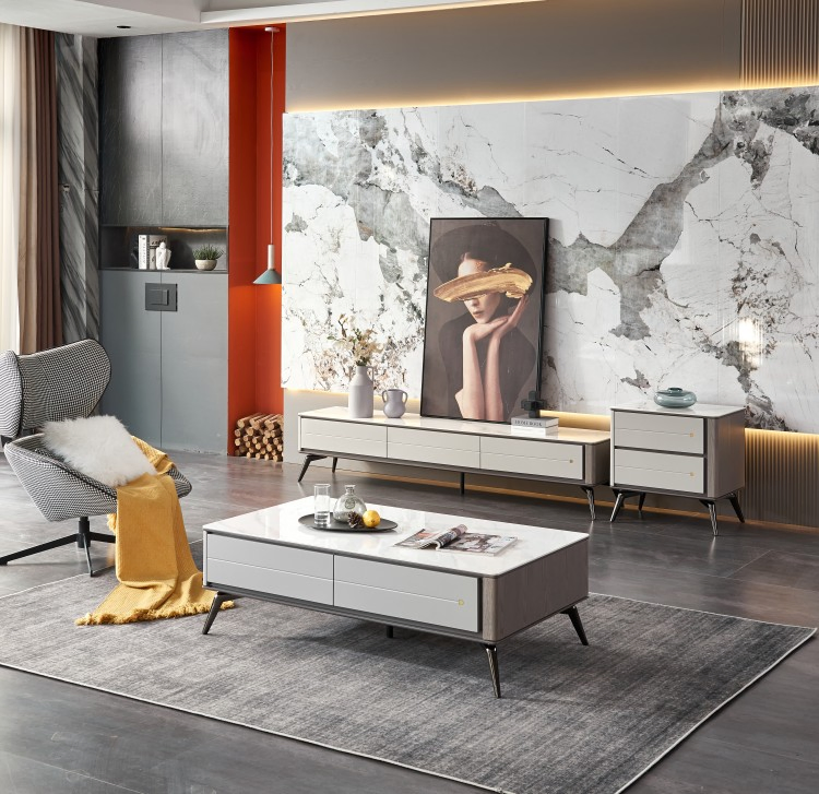 Luxury Living Room Gold Stainless Steel and Marble Rectangle Long TV Stand