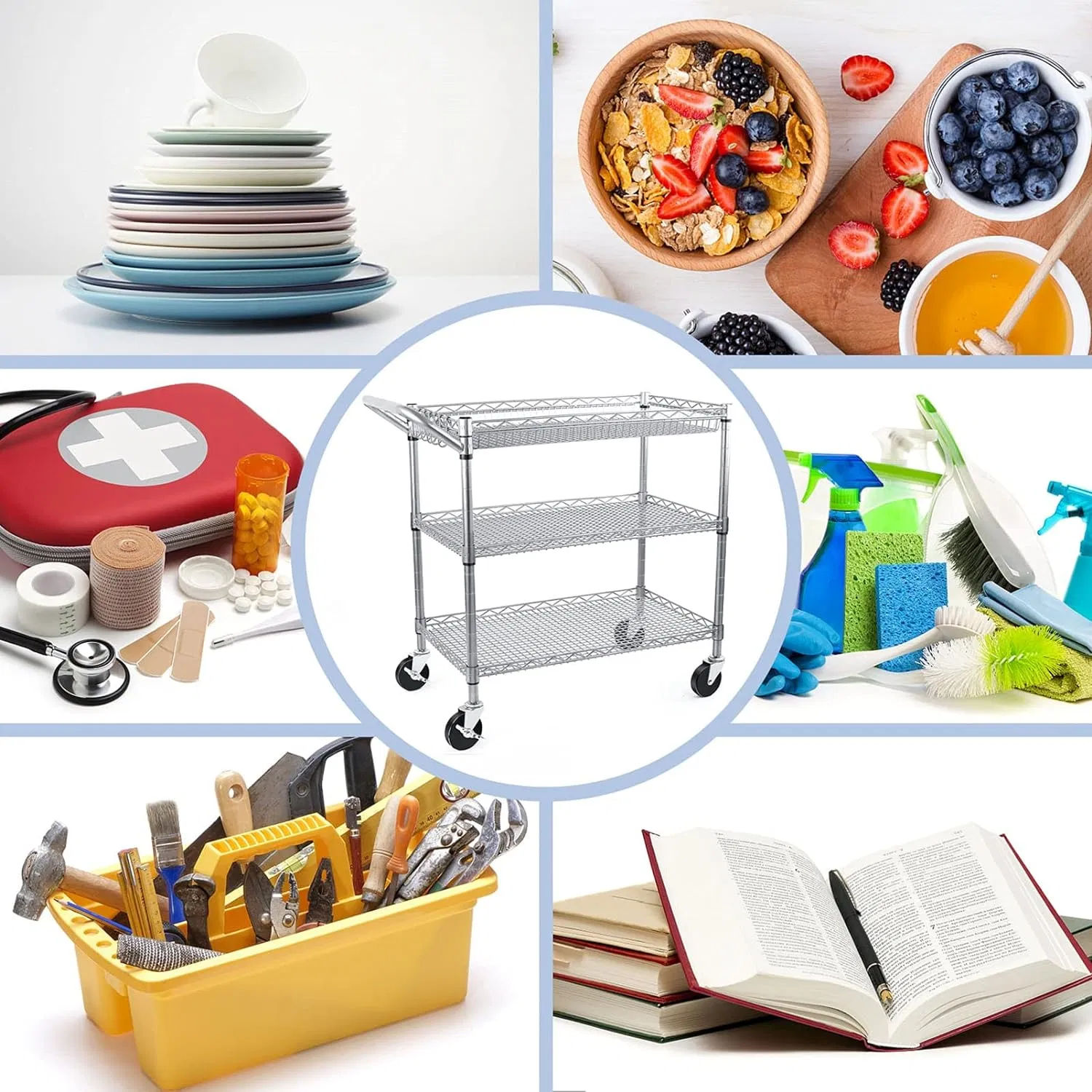 Tier Utility Cart, 990lbs Capacity Wire Rolling Cart with Wheels, Commercial Grade Service Cart with Shelving Liners and Handle Bar Metal Carts for Kitchen