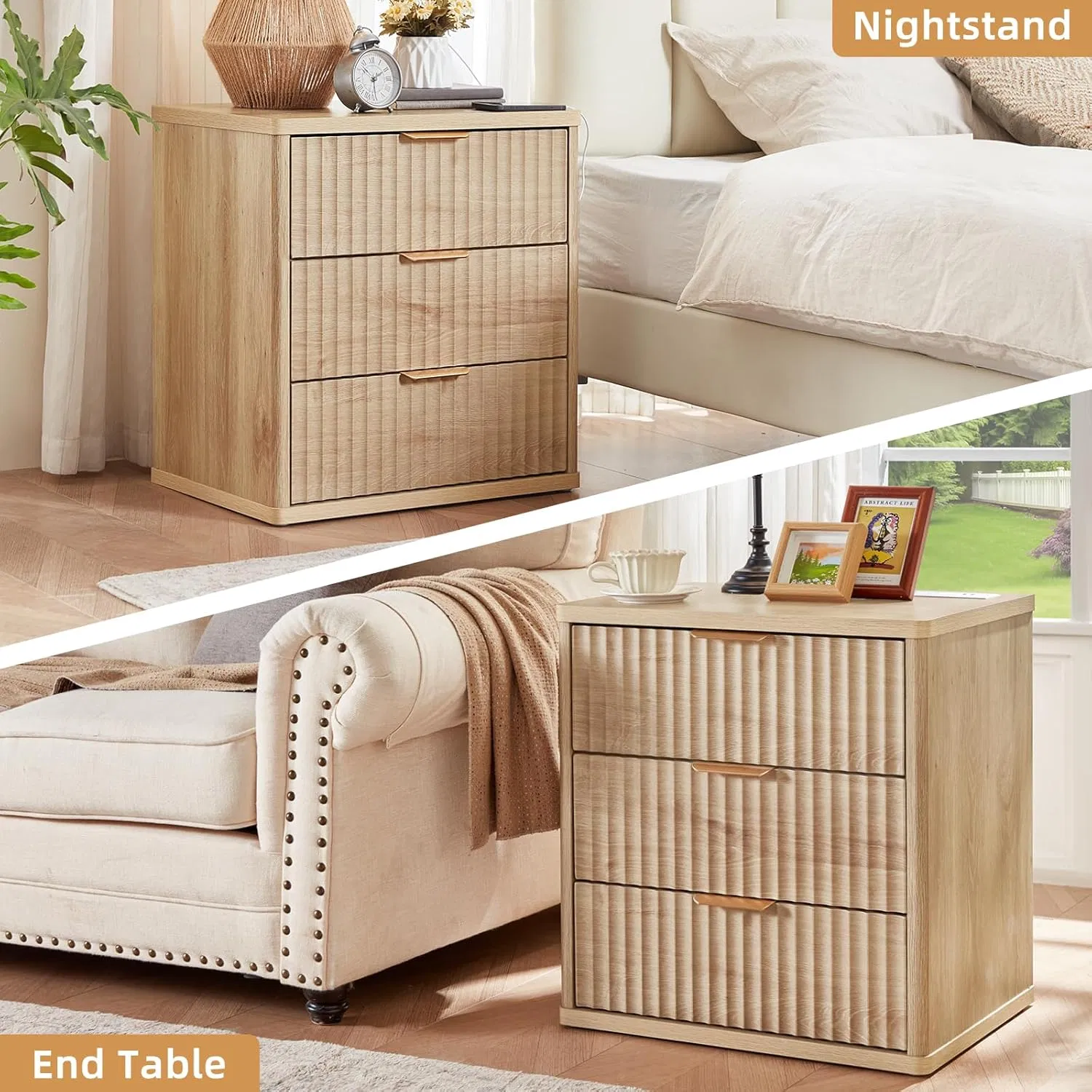 Modern Wide Fluted Wooden End Bedside Nightstand with Drawers for Bedroom or Living Room
