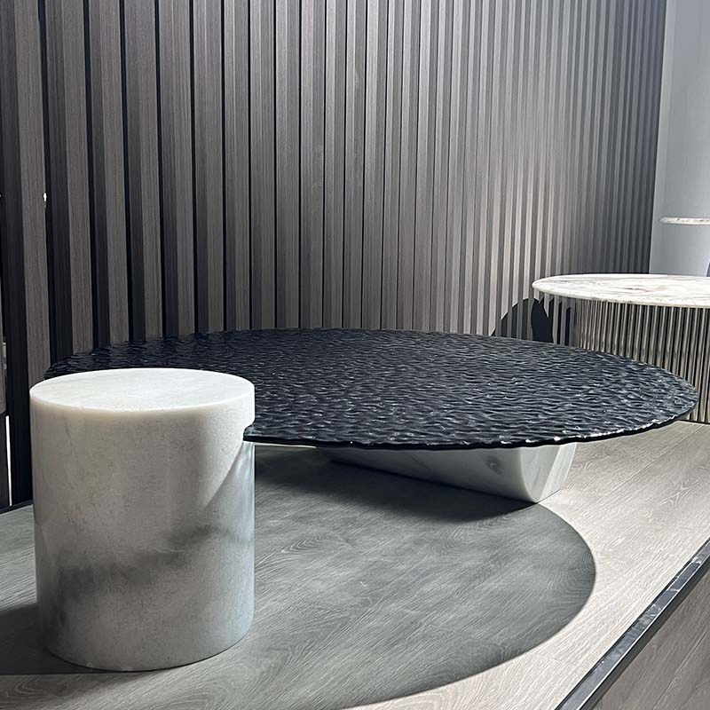 High-End Custom Luxury Modern Living Room Set Furniture Round Watermark Glass Marble Top Stand Base Coffee Table