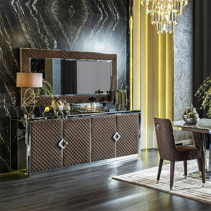 Luxurious High-End Modern Sideboard for Dining Room Cabinet Solid Wood with Velvet Upholstery and Marble Top Home Furniture