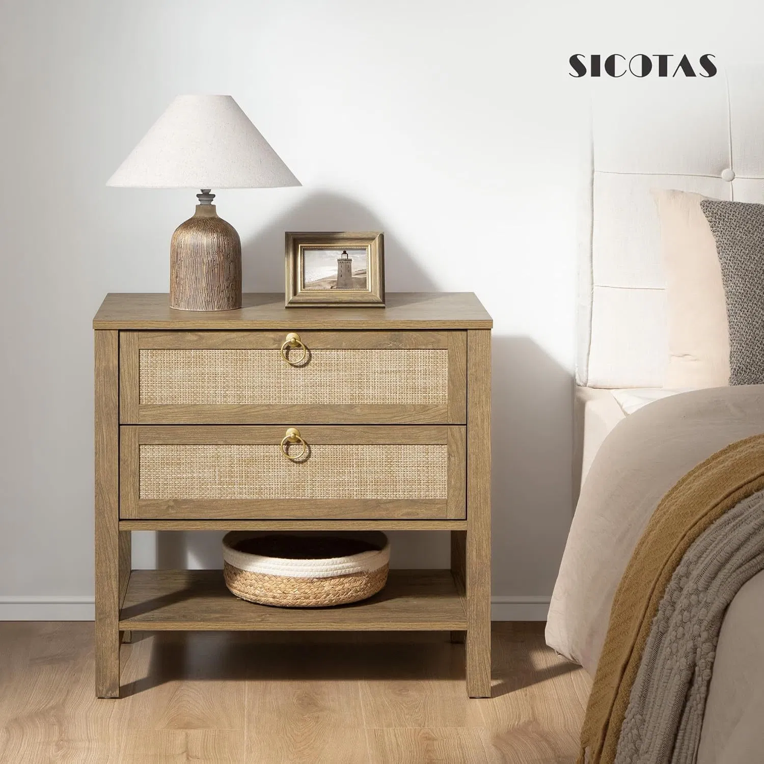 Modern Boho Rustic Two-Drawer Nightstand with Rattan Inlays, Brass Ring Pulls, and Open Bottom Shelf for Home &amp; Bedroom