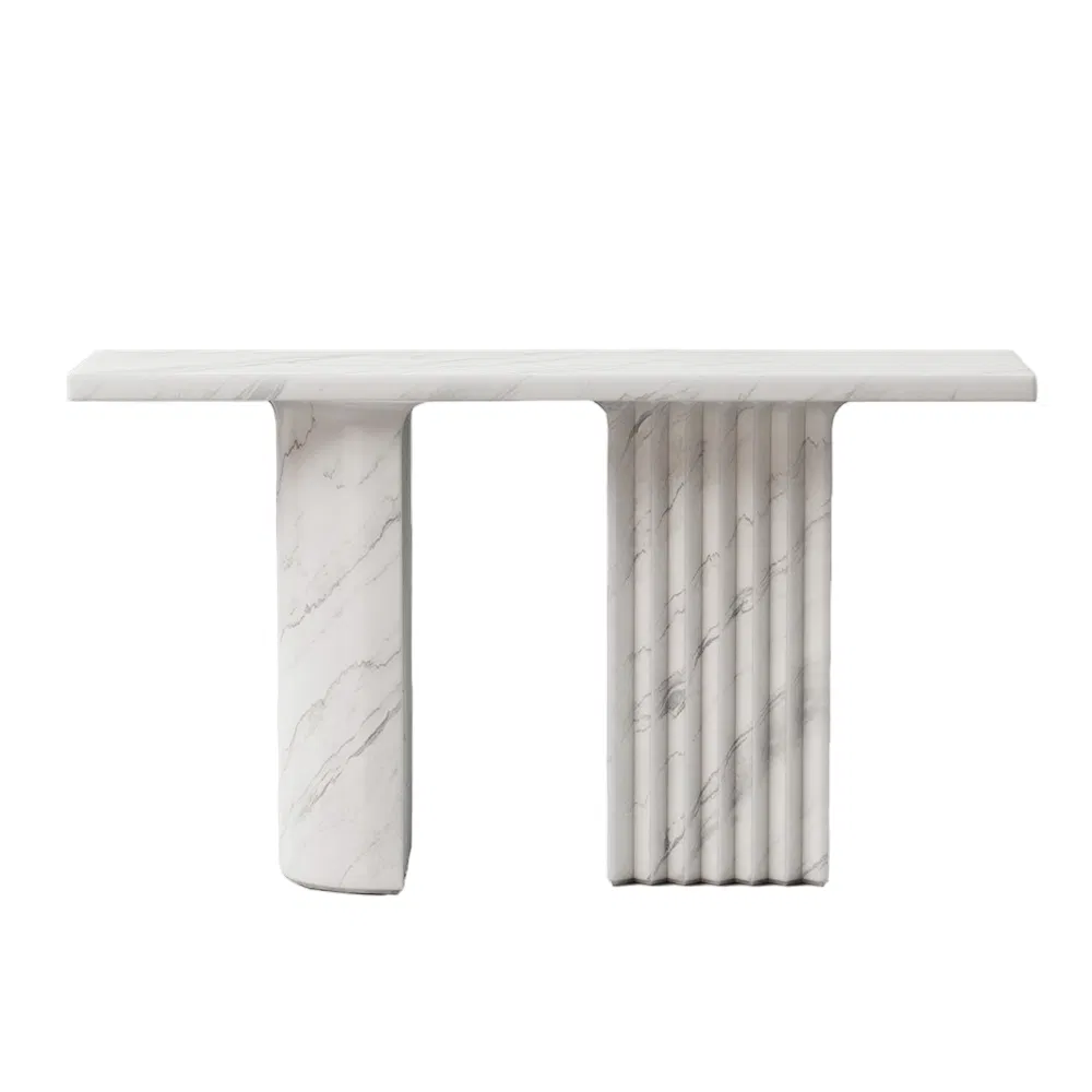 Calacatta Marble Console Table Fluted Column Base &amp; Round Leg Luxury Entryway Table