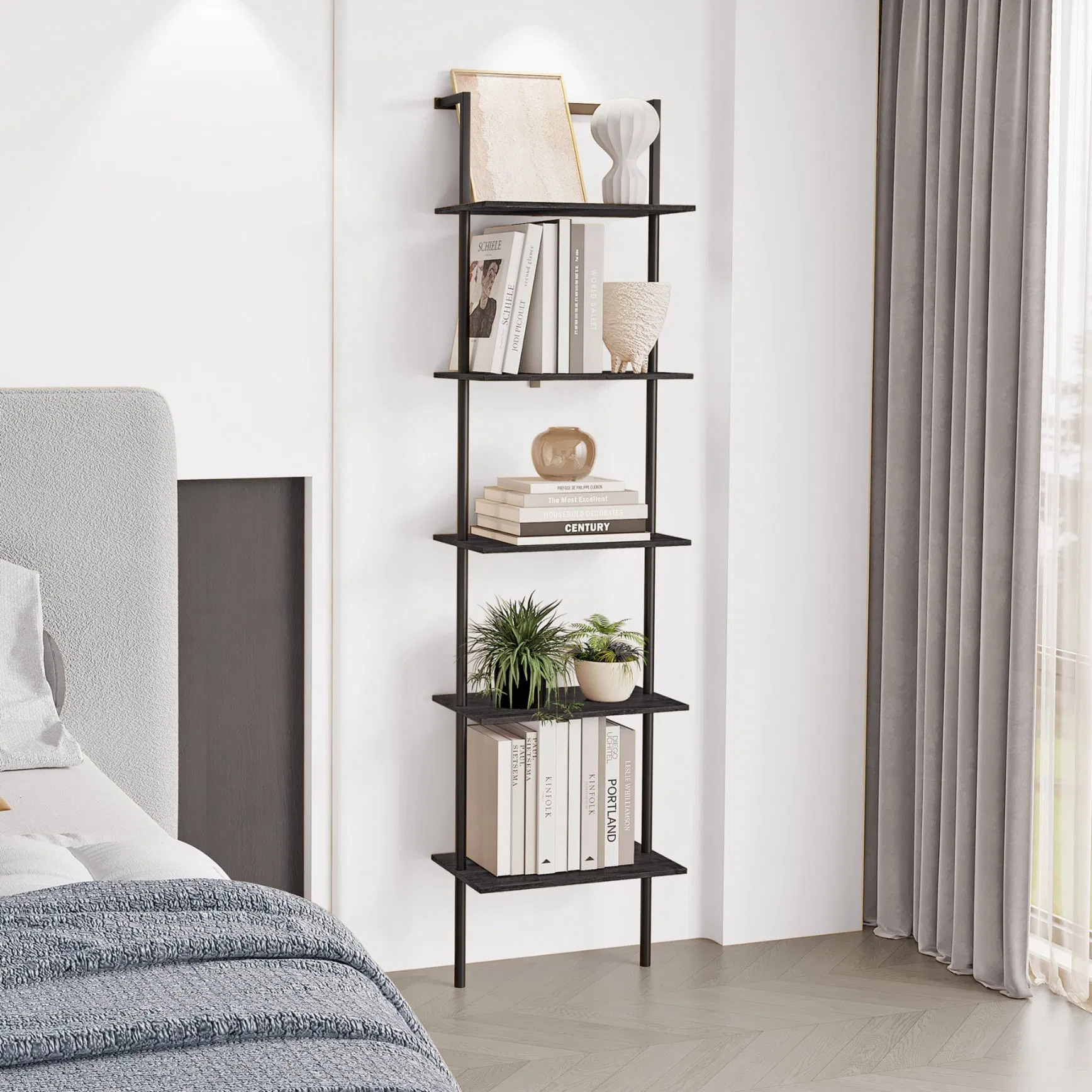 Ladder Shelf Multi-Layer Design Living Room Office Modern Steel Wood Wall Bookshelf