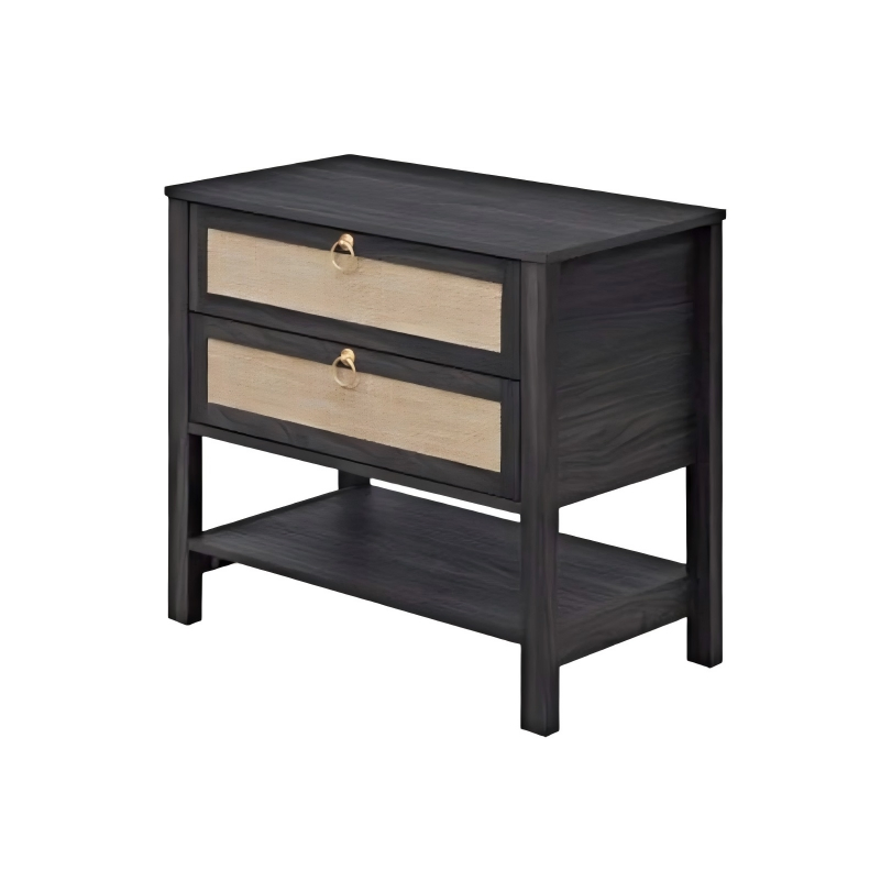 Modern Boho Rustic Two-Drawer Nightstand with Rattan Inlays, Brass Ring Pulls, and Open Bottom Shelf for Home &amp; Bedroom