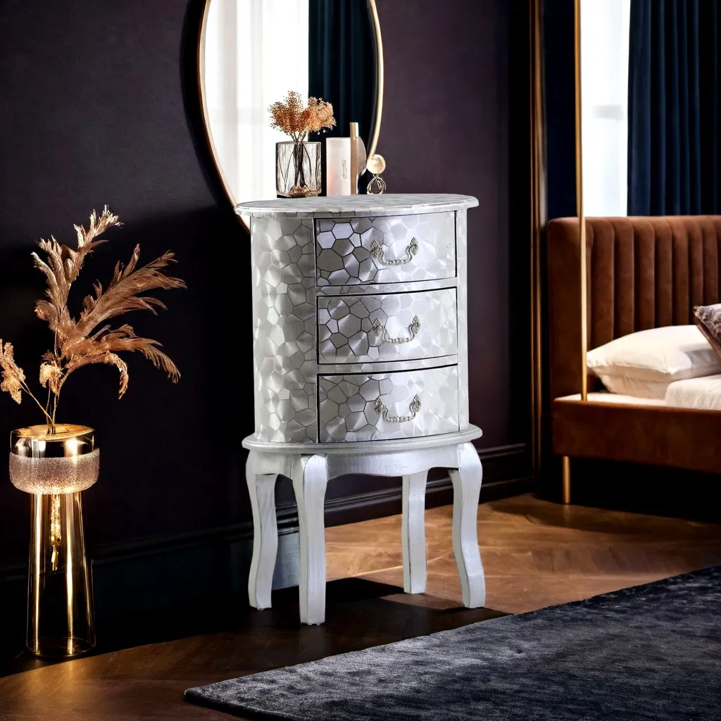 Nightstand for Bedroom, 3 Drawer Silver Leather Nightstand Bedside Table End Table with Storage for Bedroom