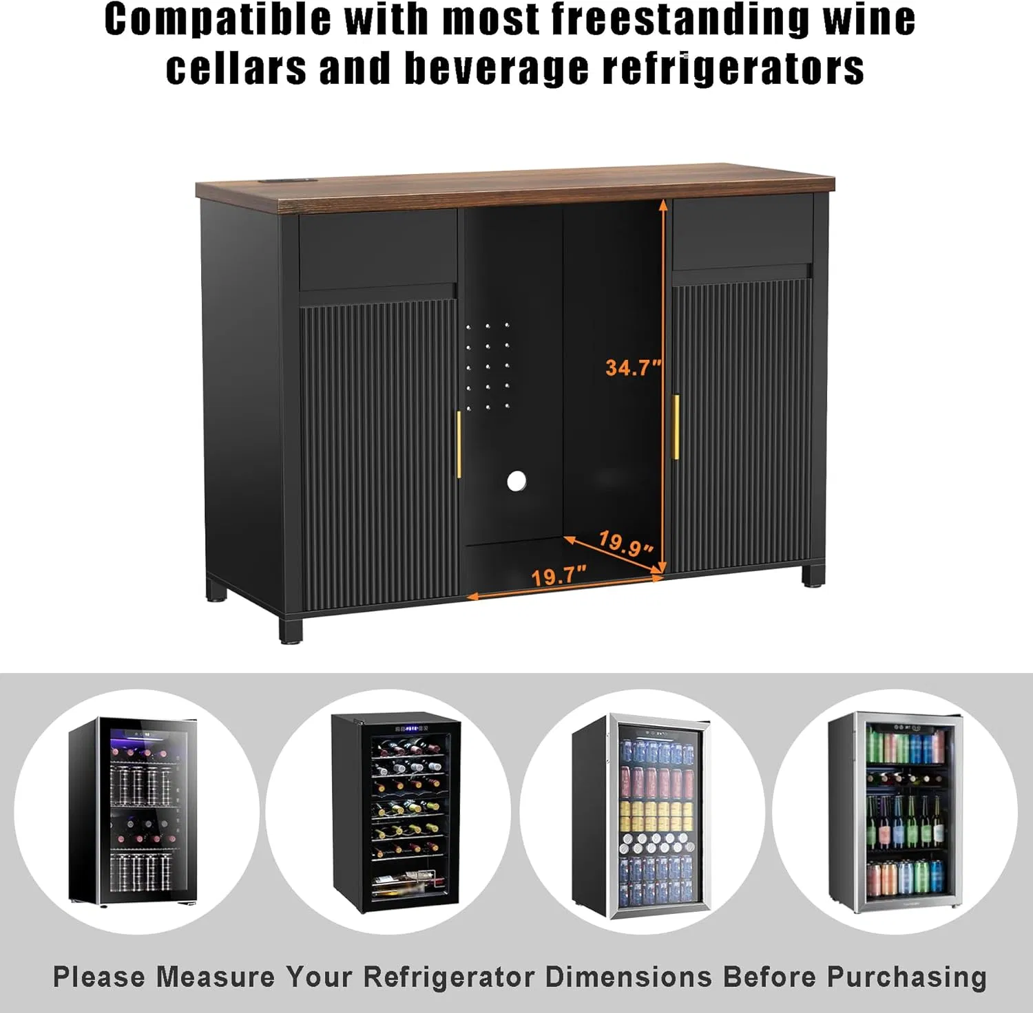 Thickened Top Fluted Door Sideboard with Built-in Refrigerator Large Storage for Home Dining Room