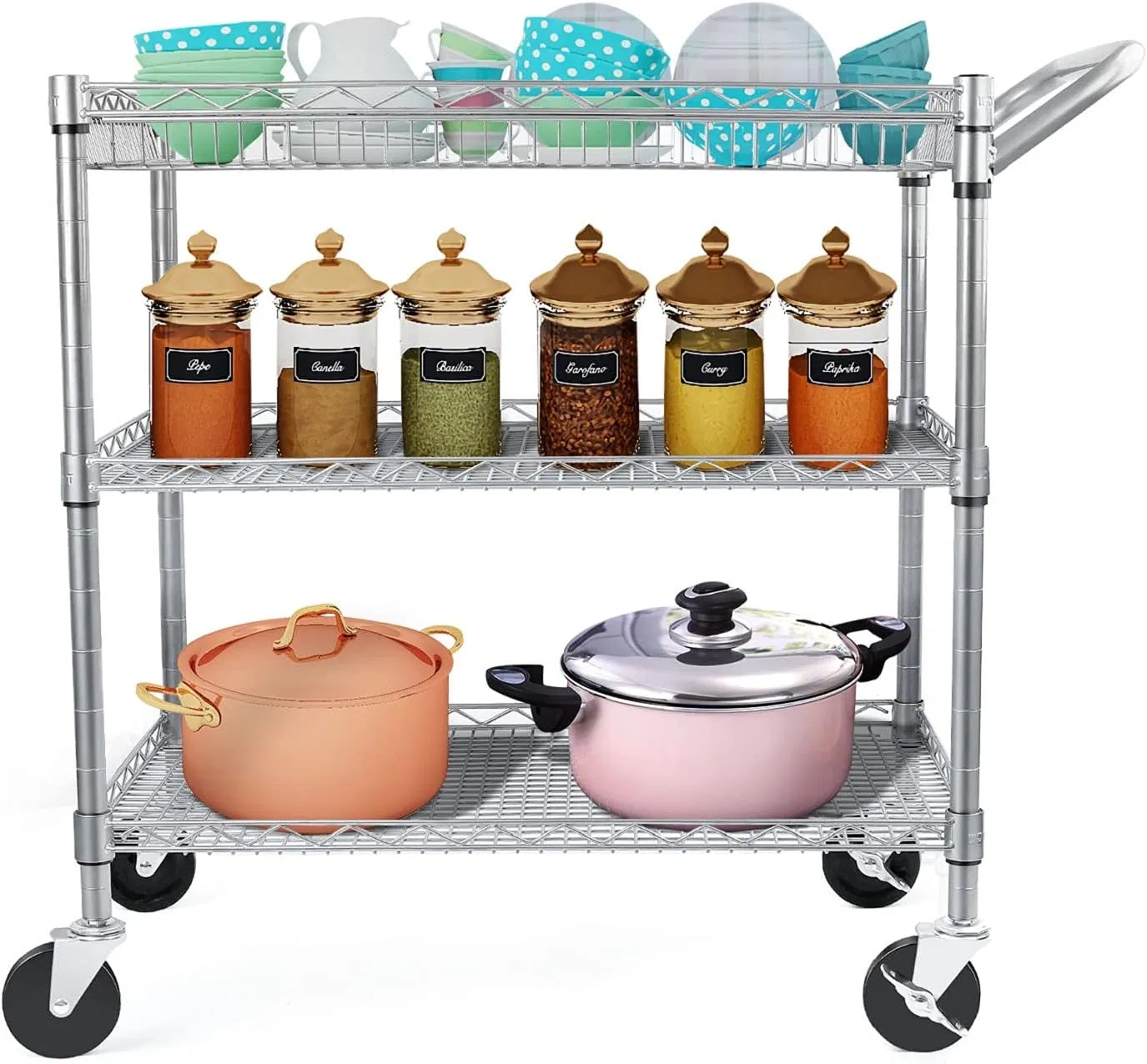 Tier Utility Cart, 990lbs Capacity Wire Rolling Cart with Wheels, Commercial Grade Service Cart with Shelving Liners and Handle Bar Metal Carts for Kitchen