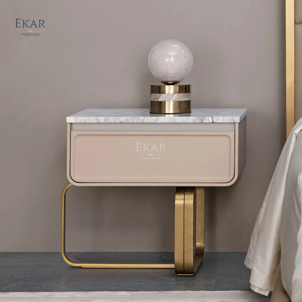 Modern Creative Design Nightstand with Drawer and Metal Foot - Bedroom Bedside Furniture