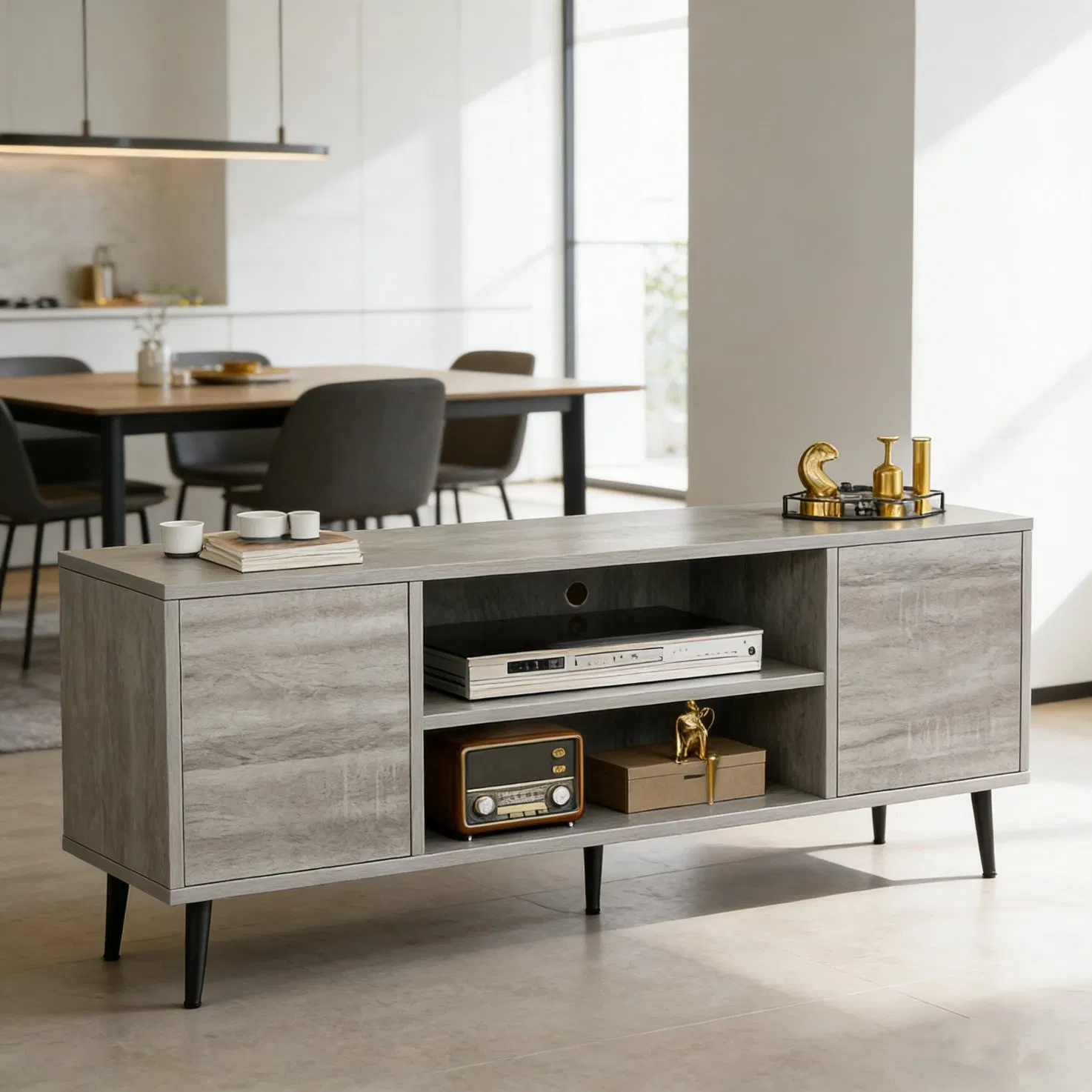 Stylish Modern Furniture Solid Wood Leg Durable Poplar TV Stand for Living Room Bedroom Hotel Storage