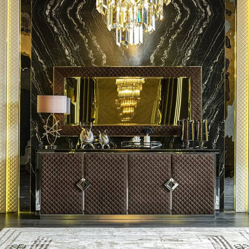 Luxurious High-End Modern Sideboard for Dining Room Cabinet Solid Wood with Velvet Upholstery and Marble Top Home Furniture