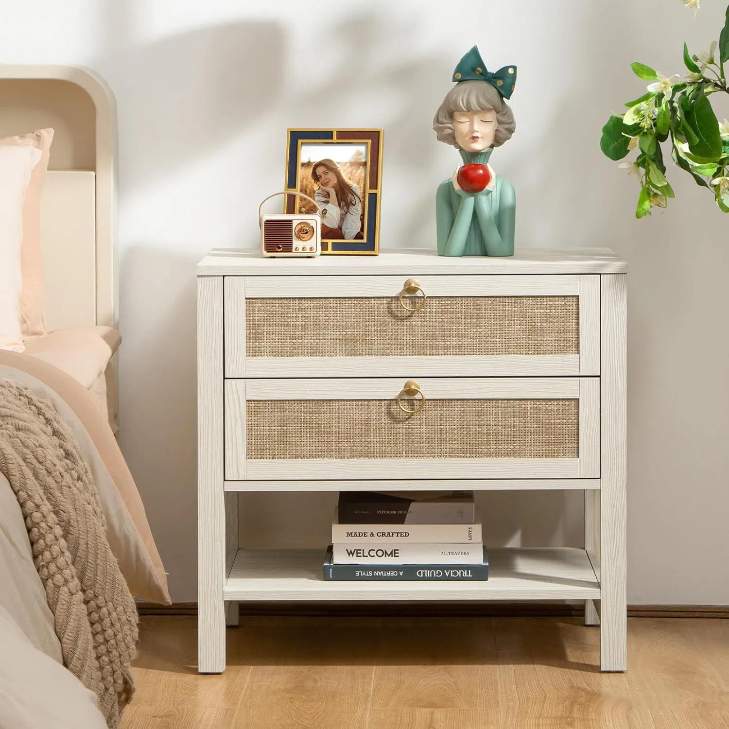 Modern Boho Rustic Two-Drawer Nightstand with Rattan Inlays, Brass Ring Pulls, and Open Bottom Shelf for Home &amp; Bedroom