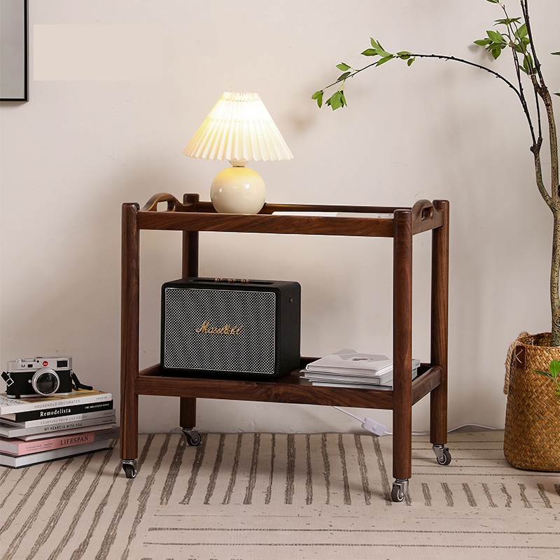 China Manufacturer Solid Walnut 2 Tiers Kitchen Island Trolley Cart with Storage, Rolling Side Table on Wheels for Kitchen, Dining Room, Living Room, Bar