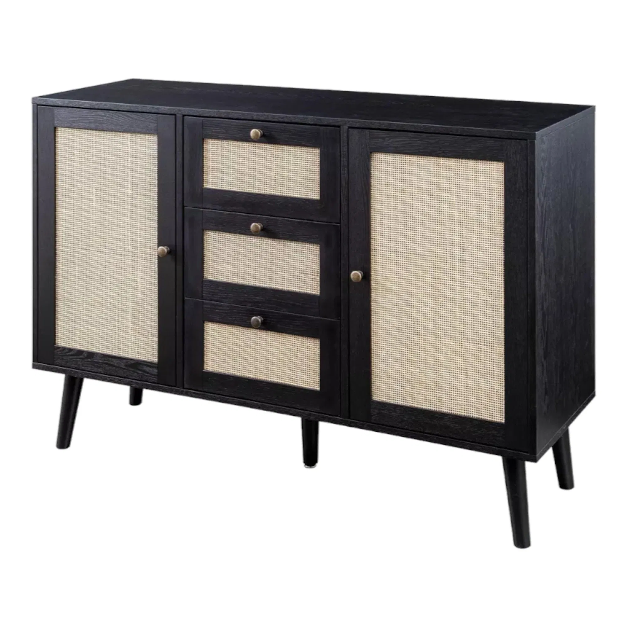 Modern Black Finish Sideboard with Rattan Accents for Dining Rooms