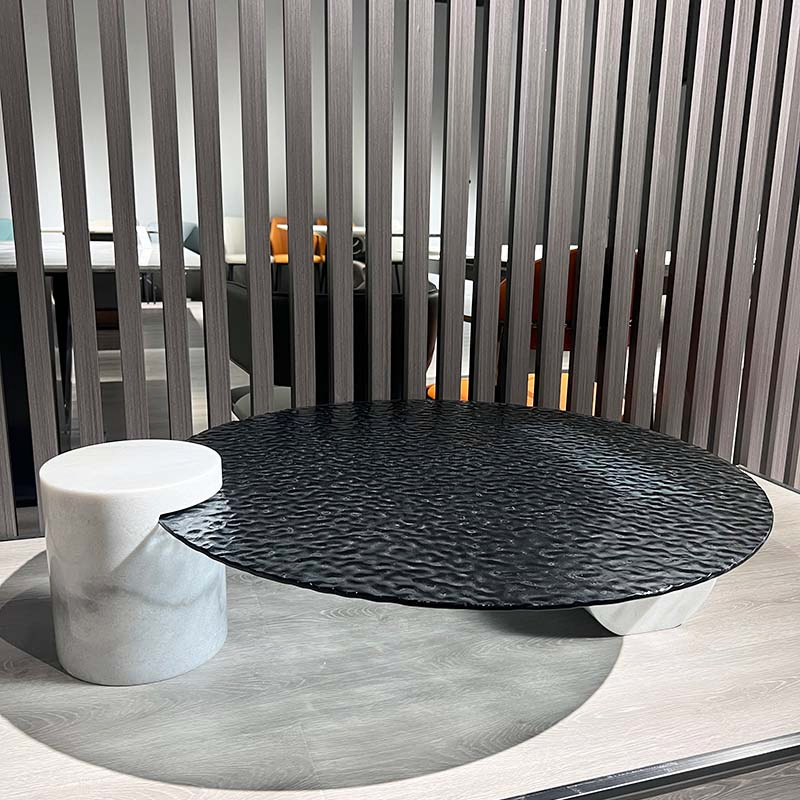 High-End Custom Luxury Modern Living Room Set Furniture Round Watermark Glass Marble Top Stand Base Coffee Table