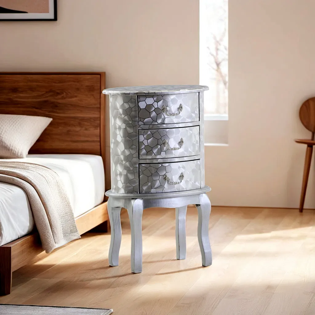 Nightstand for Bedroom, 3 Drawer Silver Leather Nightstand Bedside Table End Table with Storage for Bedroom
